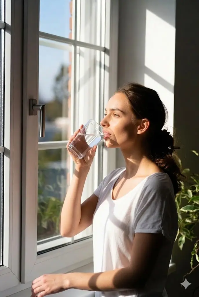Mulher em perfil perto de janela com luz direta da manhã, bebendo um copo de água, representando o hábito de hidratação matinal.