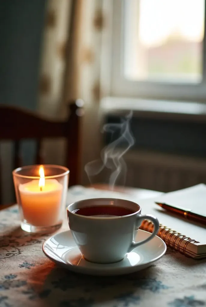 Xícara de chá quente com vapor, vela acesa e caderno de anotações perto de janela iluminada, representando a calma e o início consciente da manhã.