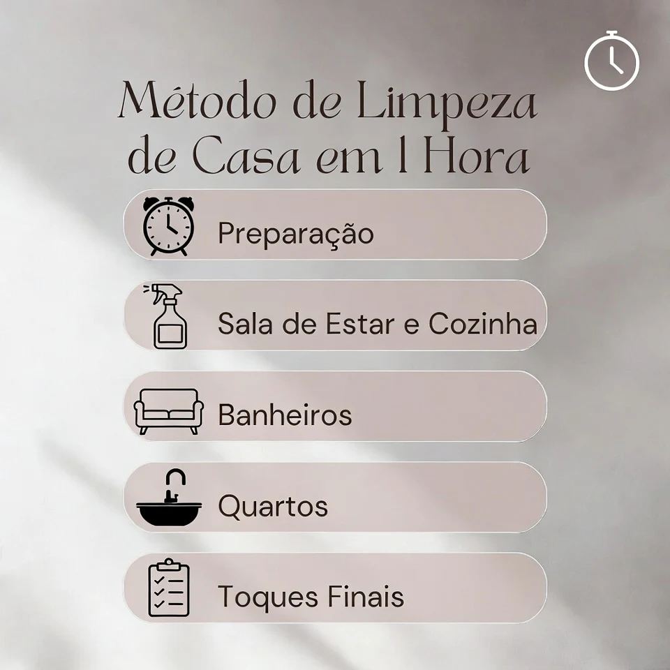 método de limpeza da casa em 1 hora com 5 passos simples e cronômetro