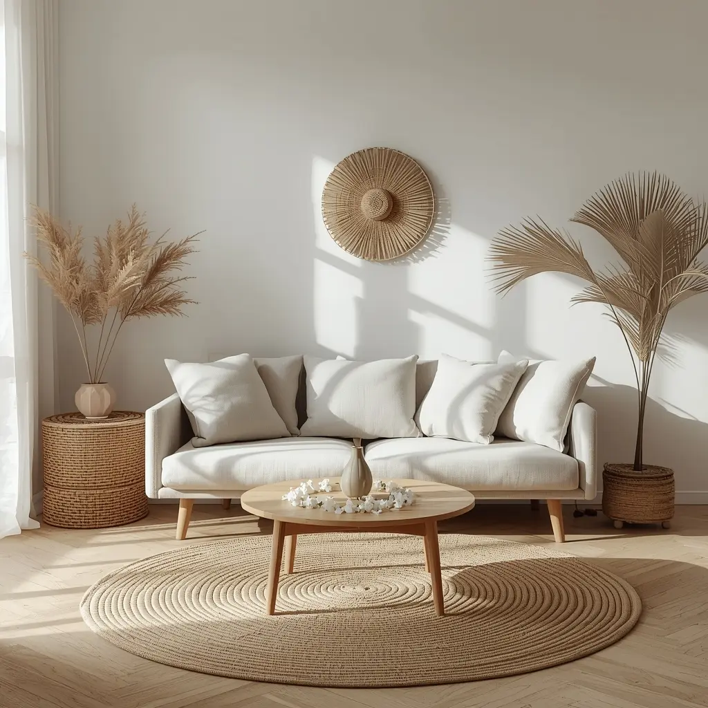 Organização da casa: sala de estar limpa e iluminada com luz natural, sofá neutro e mesa de centro organizada.