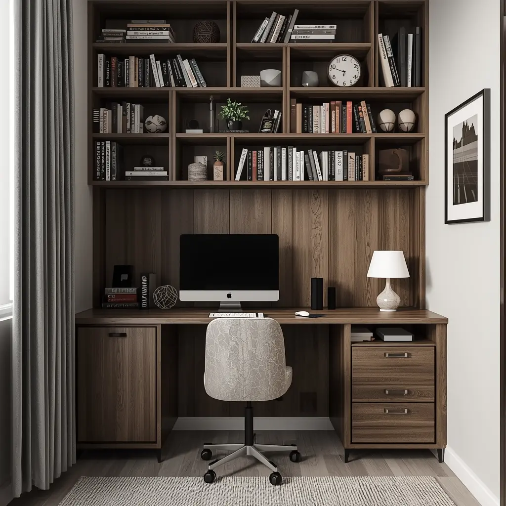 Estante vertical aproveitando o pé-direito alto em ambiente compacto e organizado.