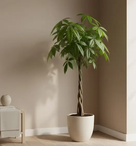Uma Árvore-da-Fortuna (Pachira aquatica) com tronco trançado em um vaso branco, posicionada no canto de uma sala iluminada com tons neutros e decoração minimalista.