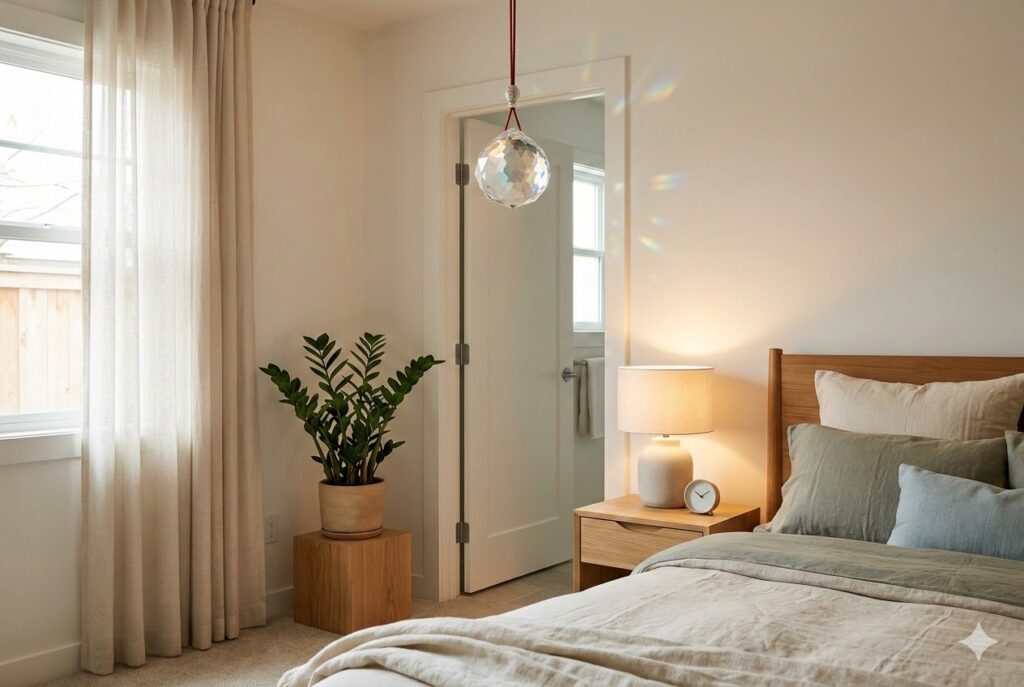 Quarto harmonizado com decoração minimalista seguindo o Feng Shui, contendo um cristal multifacetado pendurado na porta do banheiro para proteção energética e uma planta Zamioculca em um suporte de madeira ao lado da cama.