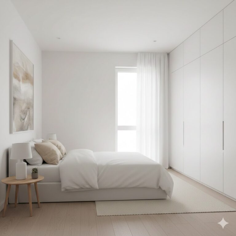 Quarto totalmente branco e organizado com cama arrumada e guarda-roupa embutido, exemplificando o resultado do declutter no Feng Shui.