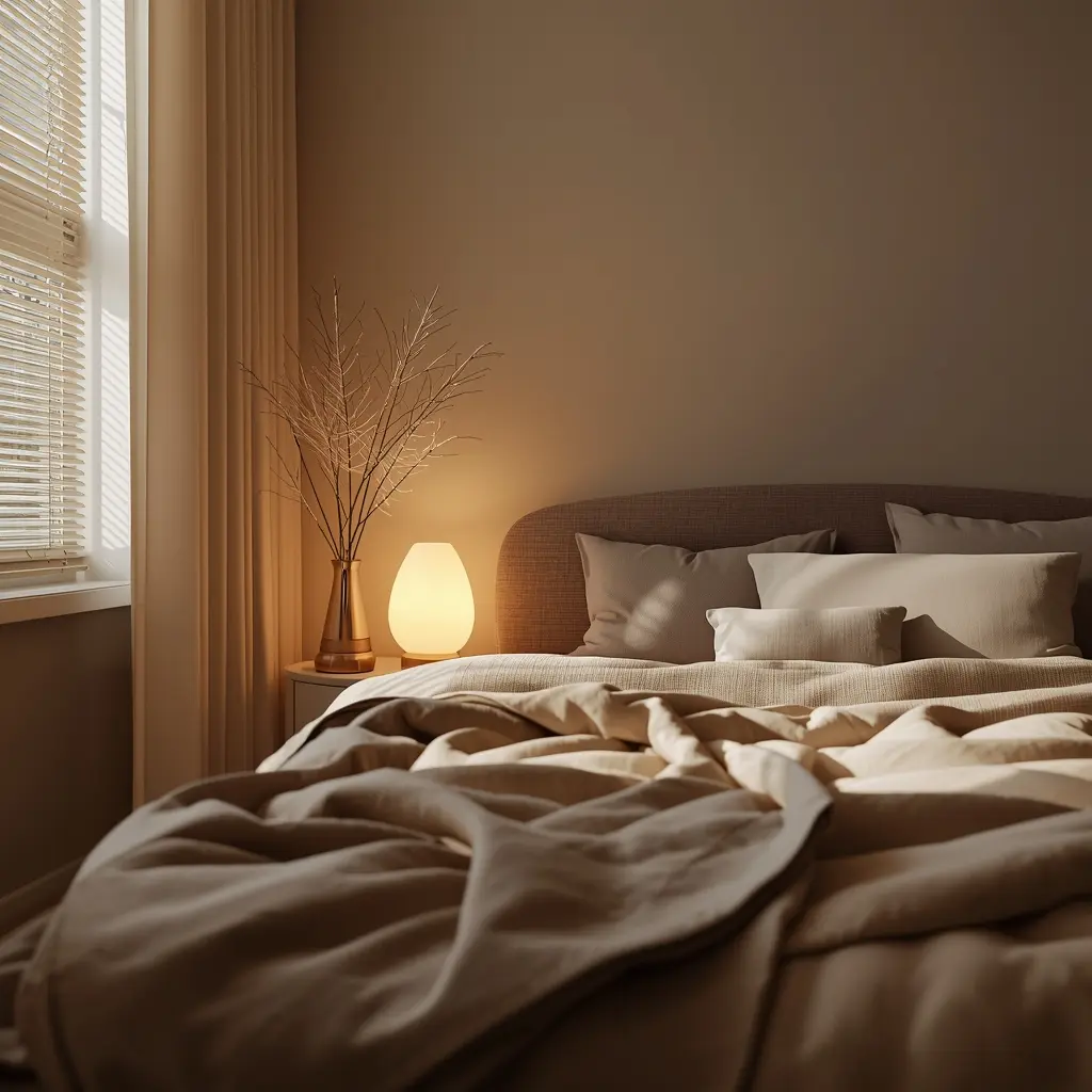 Quarto acolhedor com iluminação suave e ambiente relaxante para dormir melhor