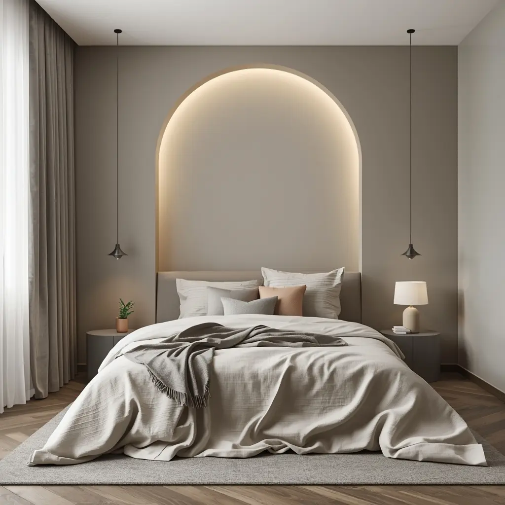 Quarto minimalista com cama arrumada, cores neutras e abajur de luz quente.
