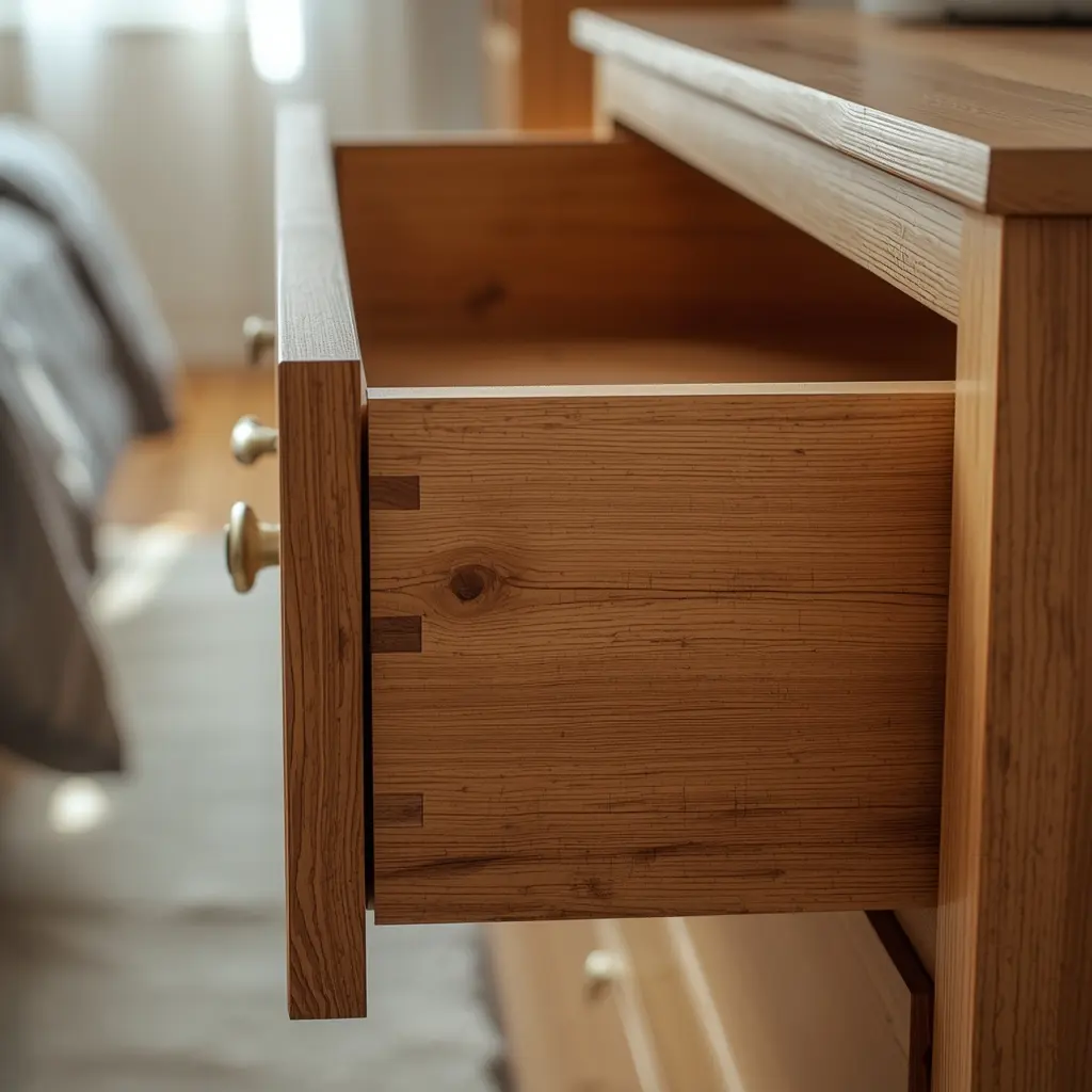 Close de uma gaveta de cômoda de madeira aberta e completamente vazia para atrair um novo amor através do Feng Shui.