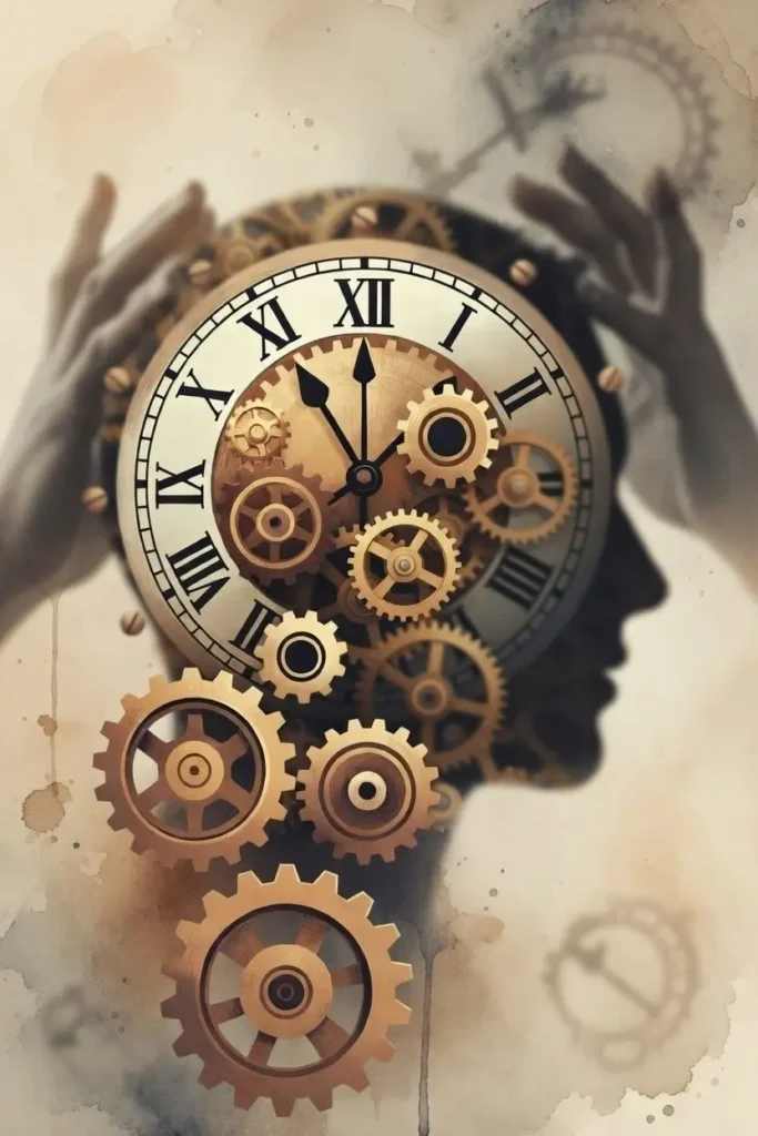 Ilustração de perfil humano preenchido por engrenagens e relógio dourado, representando a estrutura invisível da rotina no cérebro- Rotina Diária