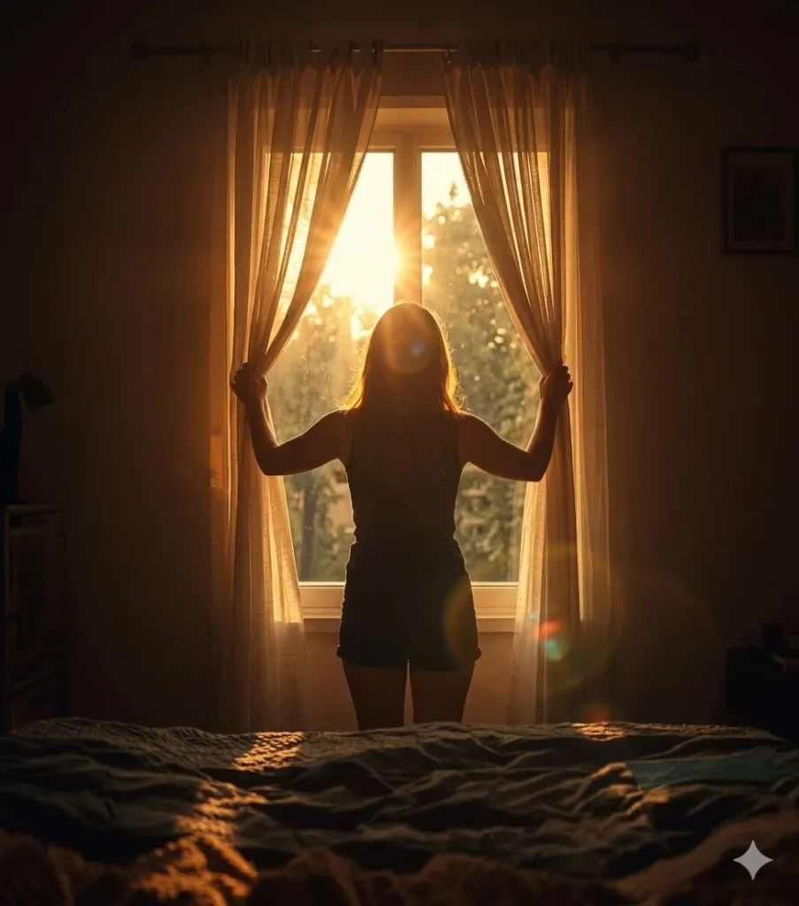 Costas de mulher abrindo cortinas em quarto iluminado por luz dourada da manhã, representando a clareza e o início da rotina.