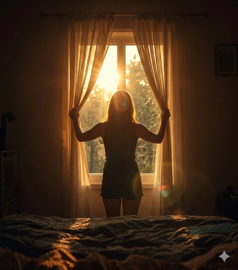 Costas de mulher abrindo cortinas em quarto iluminado por luz dourada da manhã, representando a clareza e o início da rotina.