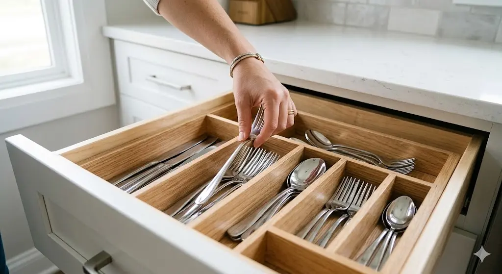 Mão organizando divisórias de talheres em uma gaveta de cozinha de forma ordenada.