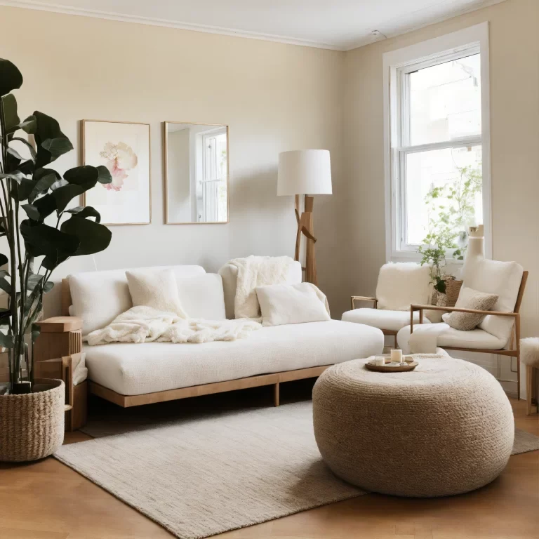 Sala de apartamento pequeno organizada segundo princípios do Feng Shui com cores neutras, luz natural e planta decorativa que transmite equilíbrio e bem-estar.