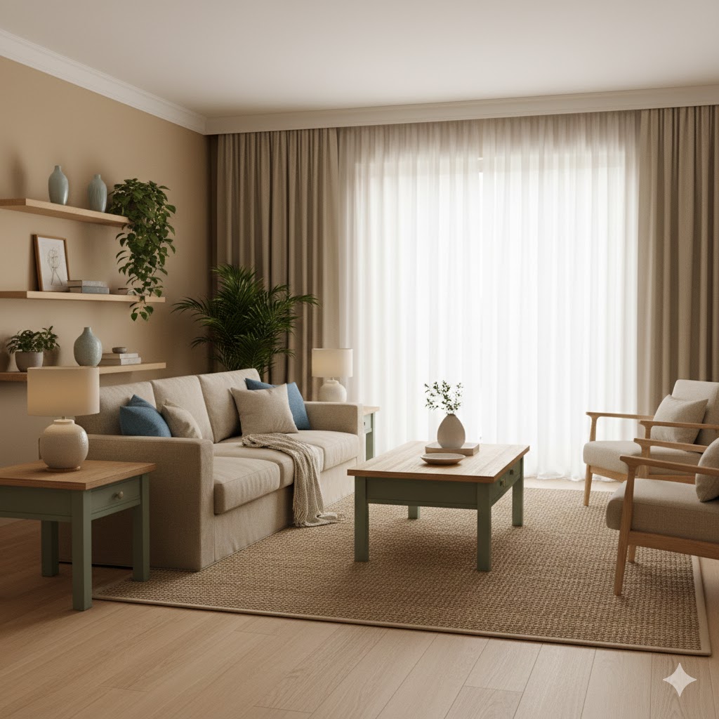 Móveis de madeira pintada em cores harmoniosas inspiradas no Feng Shui.