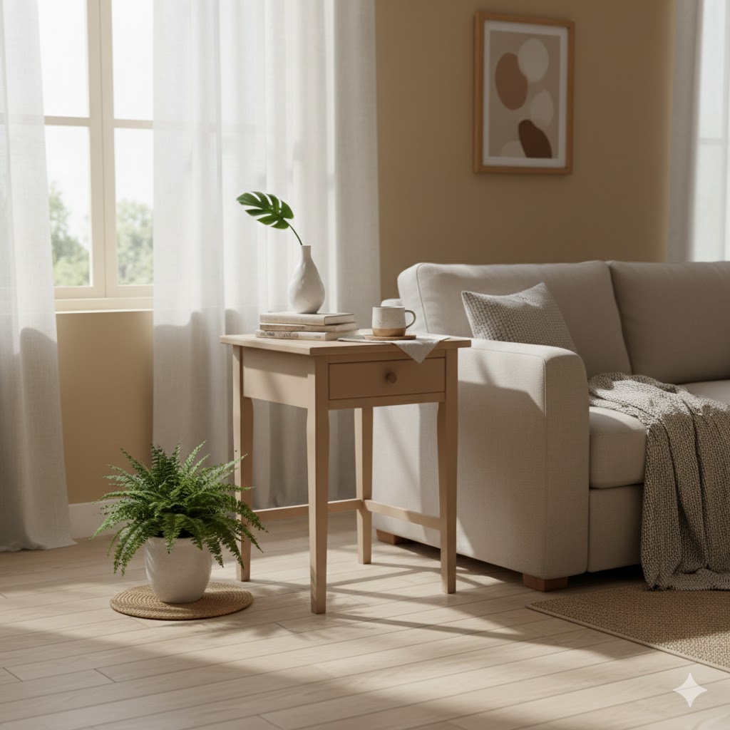 Móvel de madeira pintado em tom suave em ambiente harmonizado, simbolizando transformação e equilíbrio no lar