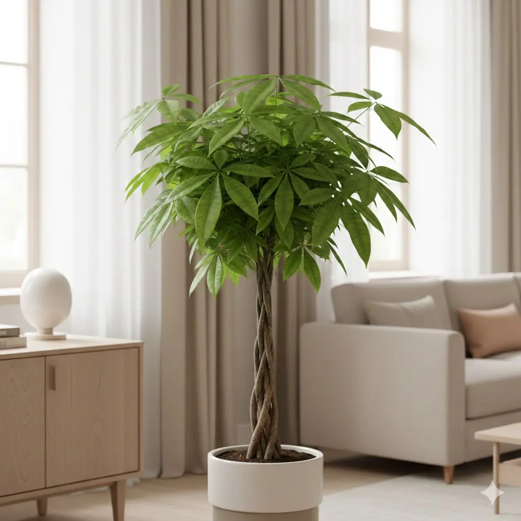 Close de uma Árvore-da-Fortuna exibindo o tronco trançado e folhas verdes em formato de estrela. A planta está em um vaso branco ao lado de um sofá cinza em uma sala bem iluminada.