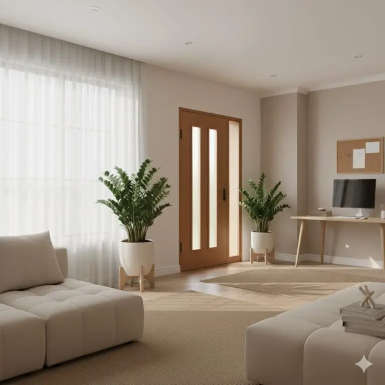 Planta Zamioculca posicionada na sala de estar seguindo as técnicas de Feng Shui para atrair prosperidade.