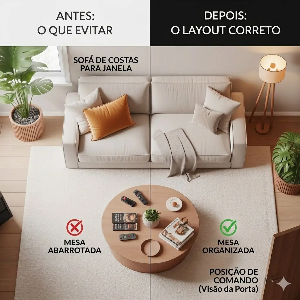 Infográfico comparativo de Feng Shui na sala de estar. No lado esquerdo, o 'Antes' mostra um sofá de costas para a janela e uma mesa de centro com excesso de controles e revistas. No lado direito, o 'Depois' apresenta o layout correto com mesa organizada, iluminação quente e o sofá em posição de comando com visão para a porta.