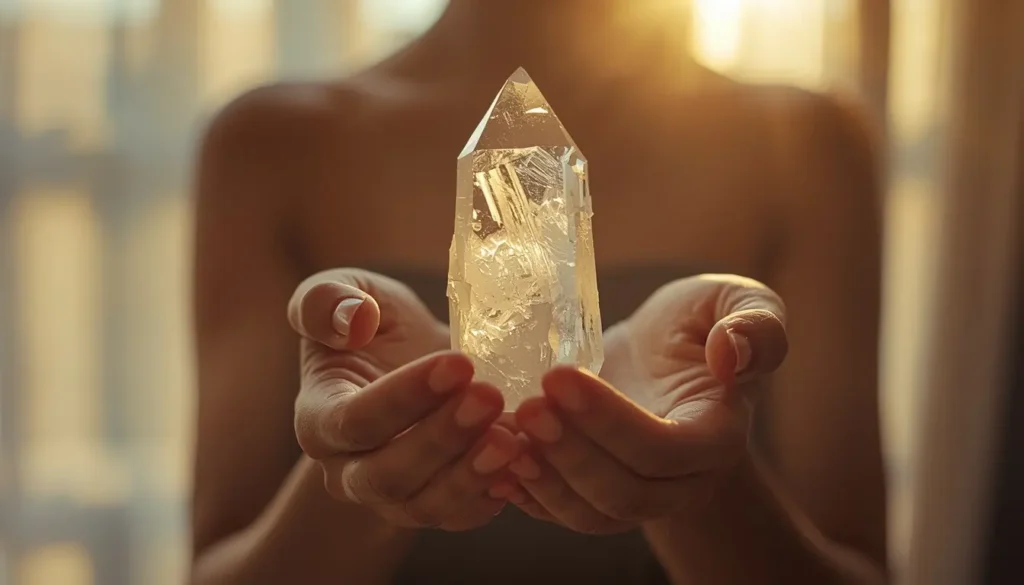 Mãos femininas segurando um quartzo transparente com luz natural dourada ao fundo, representando o ritual de ativação de cristais no Feng Shui