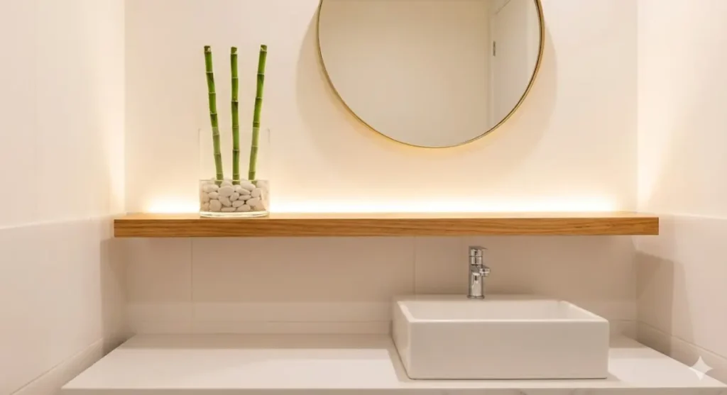 bambu da sorte em vaso de vidro com pedras no banheiro feng shui