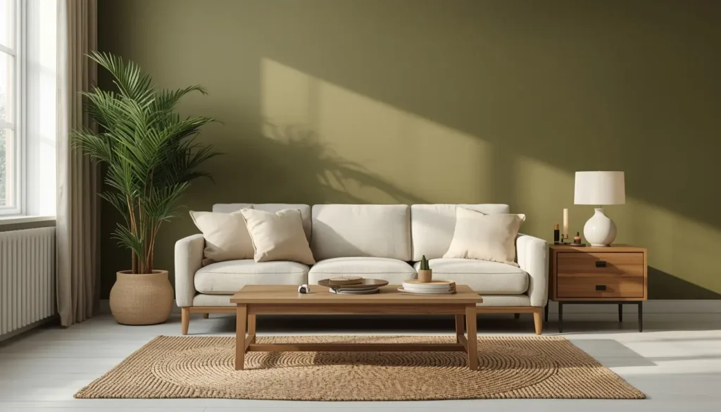 Sala de estar com parede verde oliva, sofá bege, mesa de madeira e plantas representando equilíbrio energético — cores de sala de estar feng shui