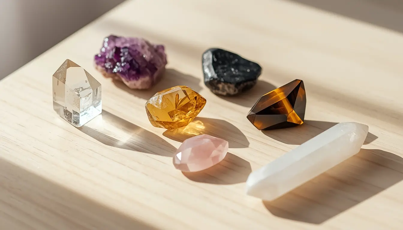 Sete cristais organizados em mesa de madeira: quartzo transparente, ametista, citrino, turmalina negra, quartzo rosa, olho de tigre e selenita