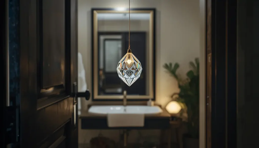 Cristal multifacetado pendurado no batente da porta do banheiro com luz refletindo no ambiente