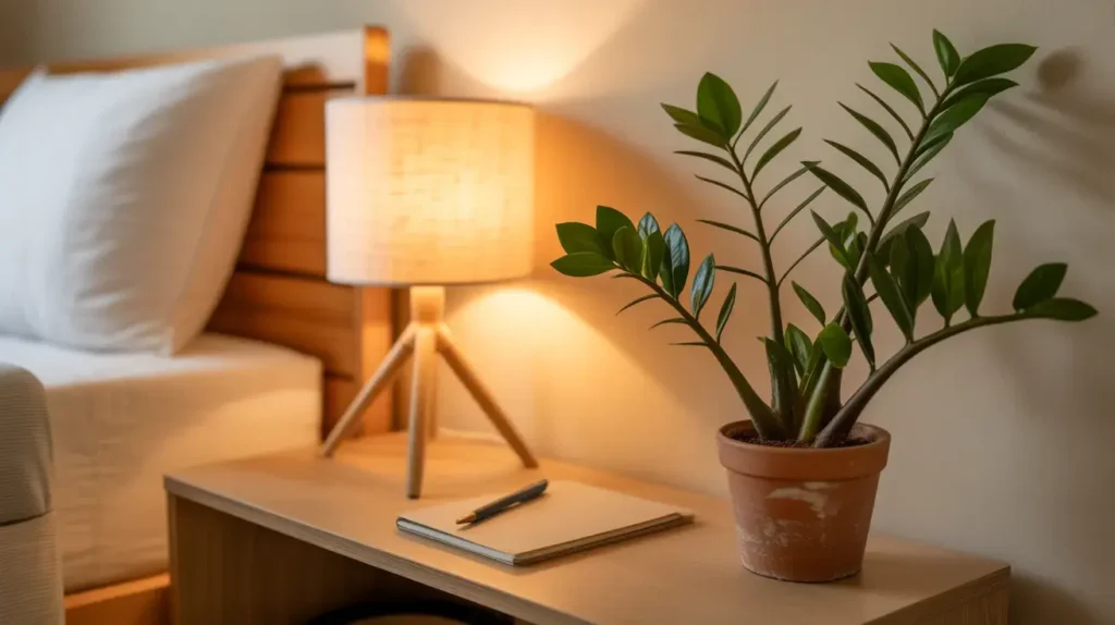 Close-up de uma mesa de cabeceira de madeira em um quarto de babá pequeno, com luminária de luz quente acesa, uma planta Zamioculca autêntica e um notebook.