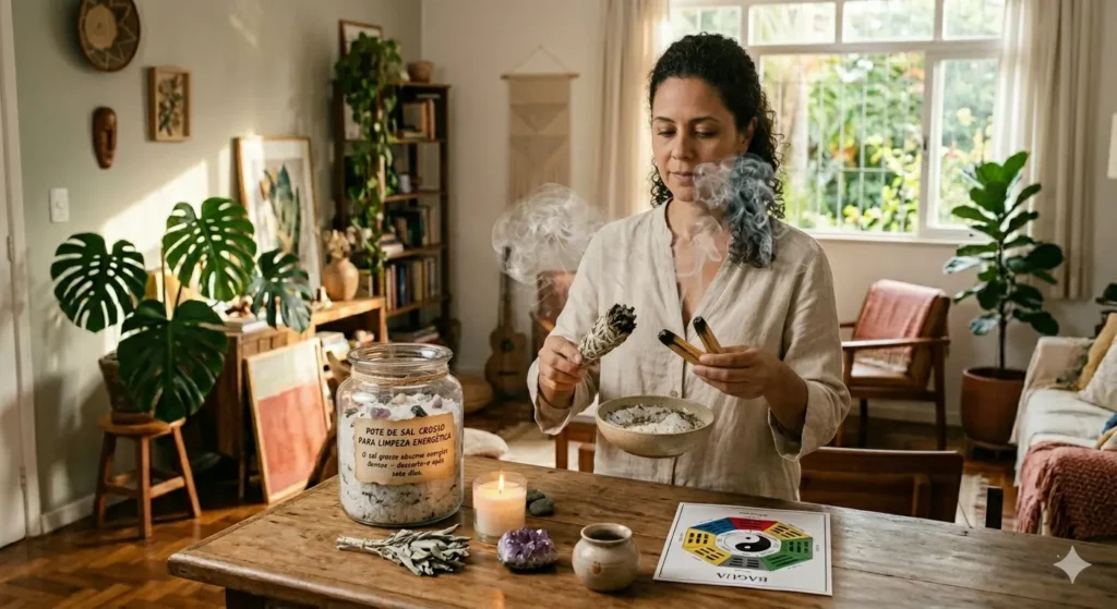 Mulher segurando sálvia e palo santo durante defumação para limpeza energética