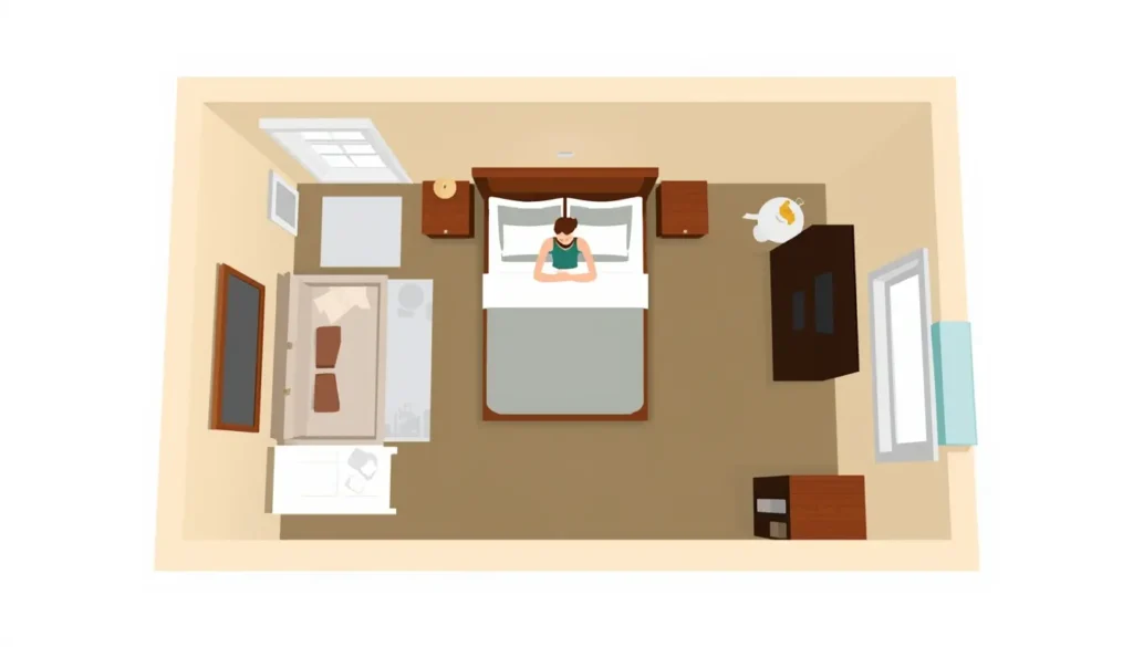 Diagrama 3D de um quarto de hóspedes em vista aérea, mostrando a cama na "Posição de Comando" do Feng Shui, com visão para a porta mas sem pés alinhados.