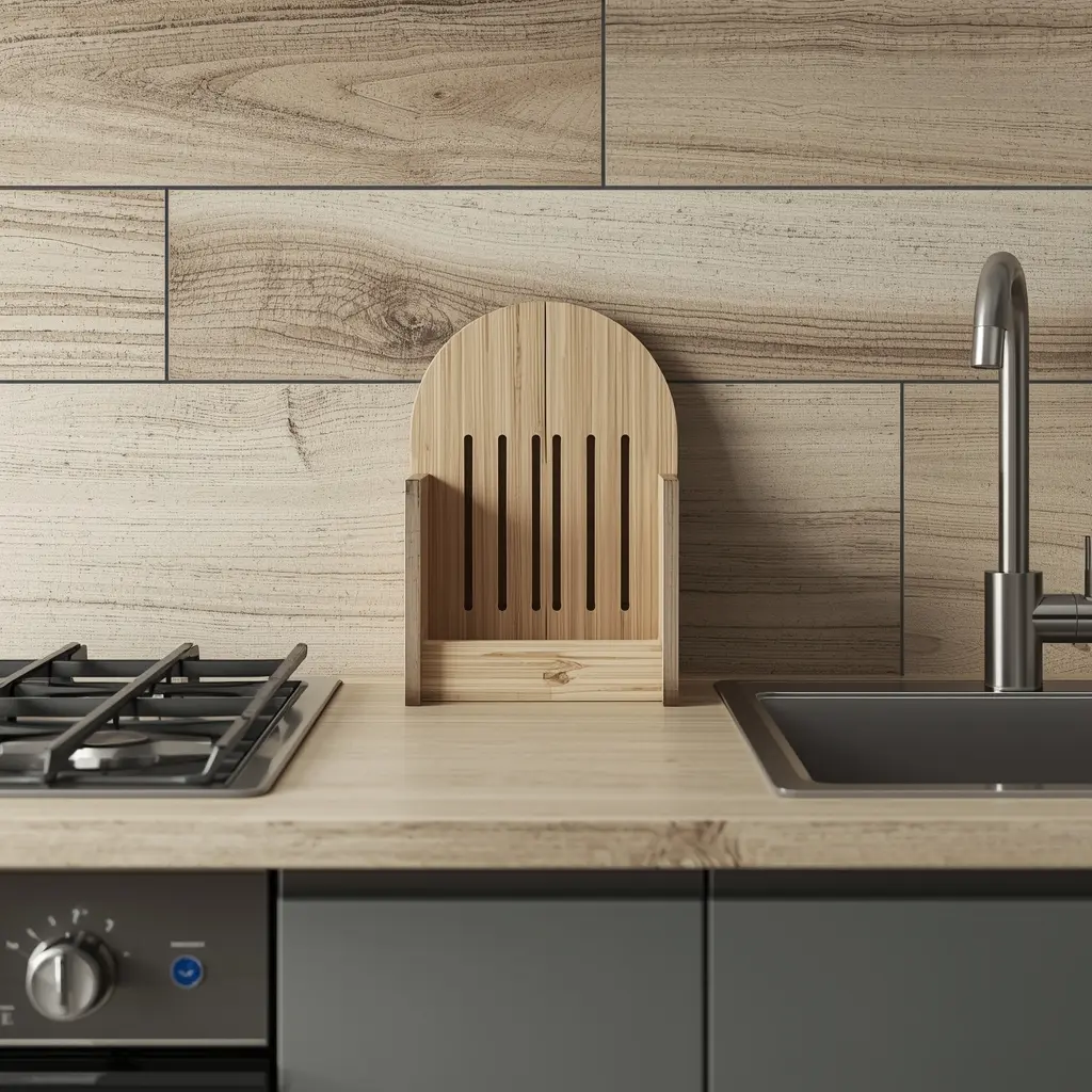 Bancada de cozinha organizada com divisória de madeira entre a área da pia e o fogão para equilíbrio visual e funcional.