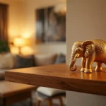 Elefante no Feng Shui — estátua dourada com tromba para baixo sobre aparador de madeira