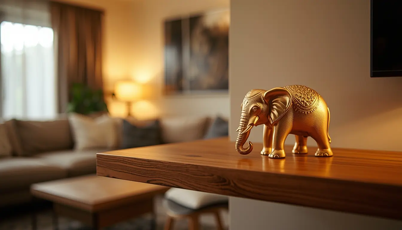 Elefante no Feng Shui — estátua dourada com tromba para baixo sobre aparador de madeira