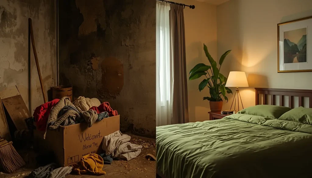 Comparação de quarto de hóspedes bagunçado vs quarto com Feng Shui.