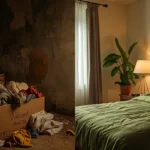 Comparação de quarto de hóspedes bagunçado vs quarto com Feng Shui.