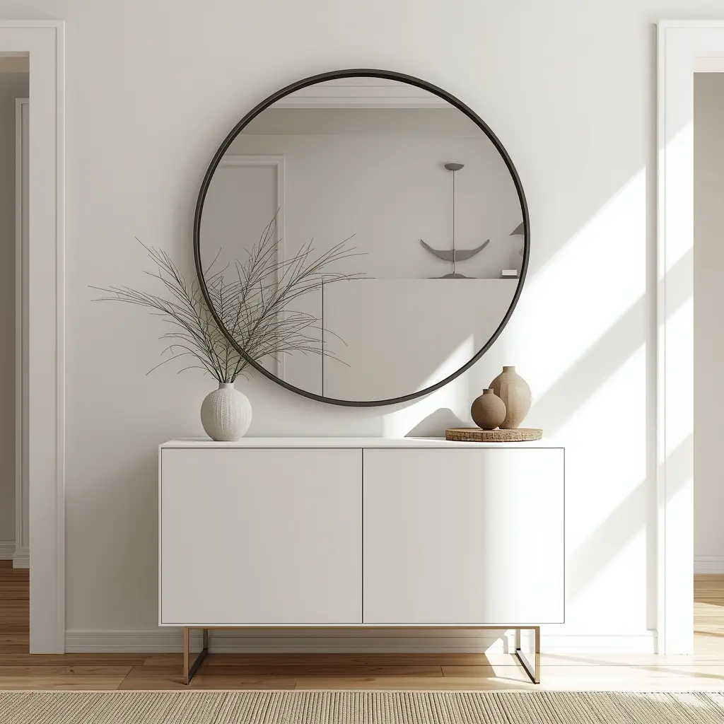 Um espelho redondo grande em uma parede de entrada bem iluminada, posicionado na lateral de uma porta (não de frente), com um aparador e uma planta pequena. Estilo de fotografia editorial.