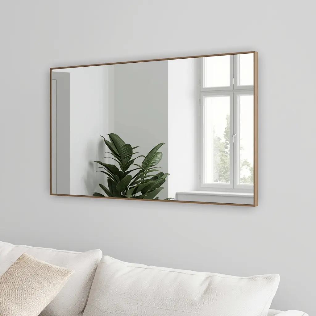 Um espelho retangular em uma parede de sala de estar estilo escandinavo, refletindo claramente uma janela com luz natural e plantas. Sofá branco e tons neutros no ambiente.(espelho feng shui onde colocar)