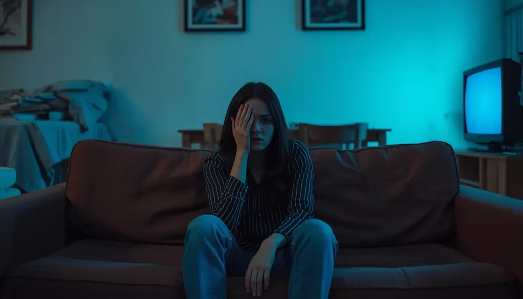 Pessoa sentada no sofá com expressão de cansaço em ambiente com iluminação fria e estímulos visuais — exemplo de excesso sensorial em casa