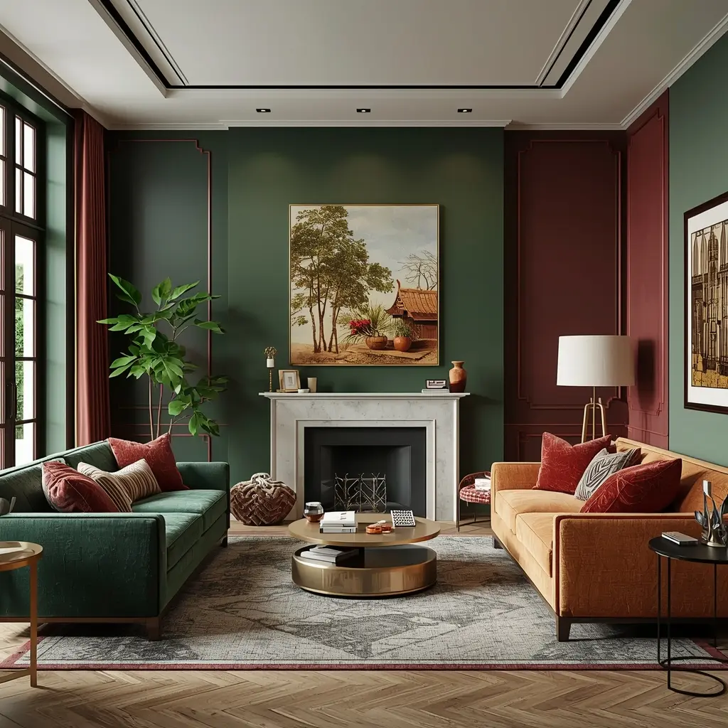 Sala de estar decorada com as Cores Feng Shui 2026: detalhes em verde esmeralda, terracota e vermelho ameixa para atrair prosperidade.