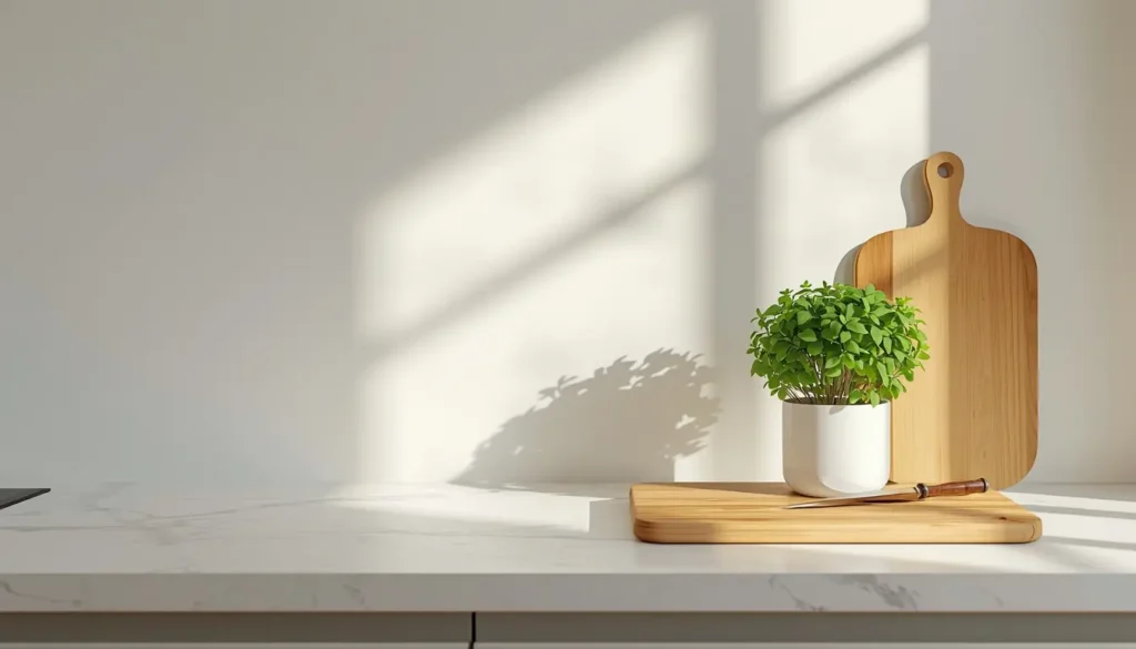 Bancada da cozinha organizada com planta verde seguindo os princípios do Feng Shui
