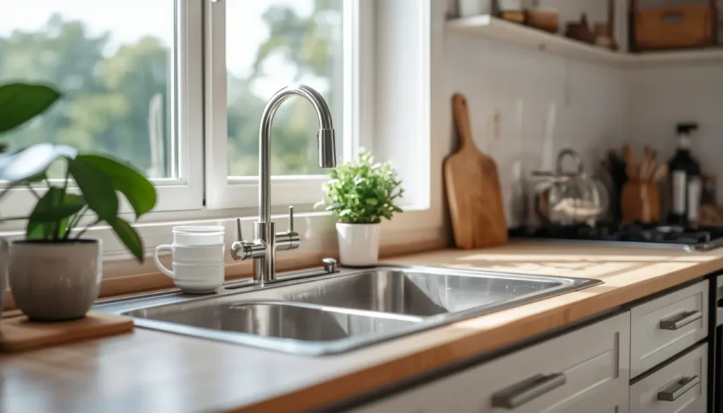 Pia limpa e vazia na cozinha com planta de madeira equilibrando os elementos Água e Fogo no Feng Shui
