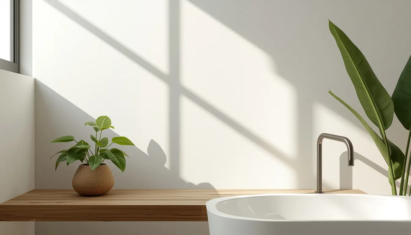 Banheiro moderno e iluminado decorado com plantas para atrair boas energias.