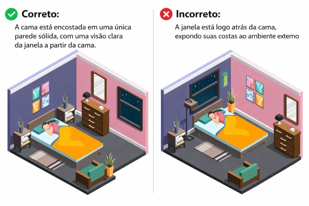 posições erradas da cama no feng shui alinhada com a porta e sob janela