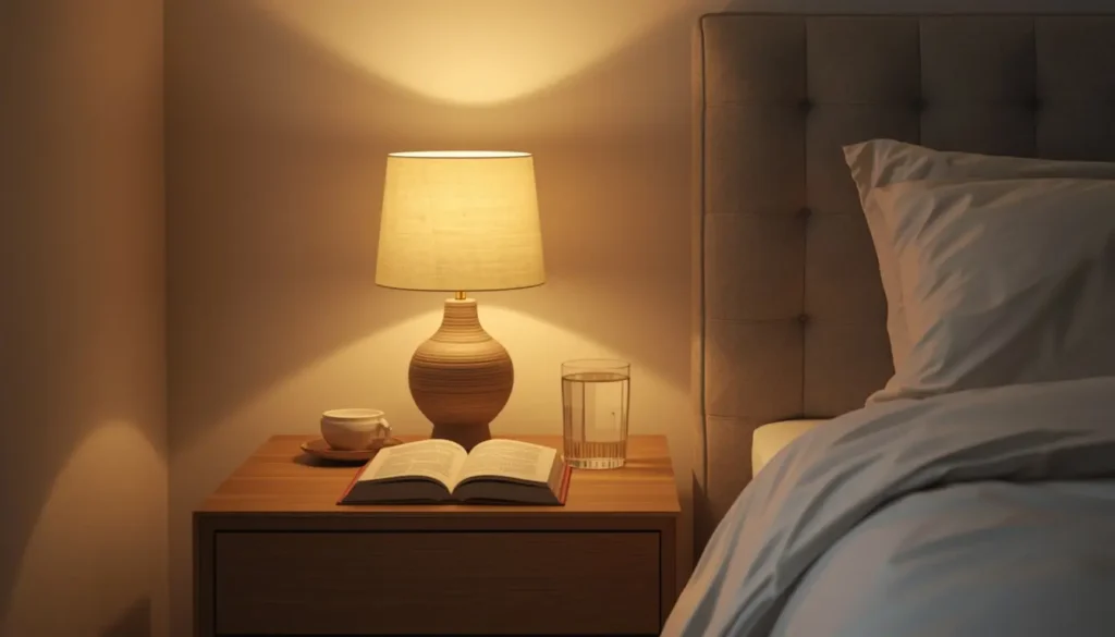 Criado-mudo do quarto sem celular com apenas livro, água e luminária segundo o Feng Shui para melhorar o sono
