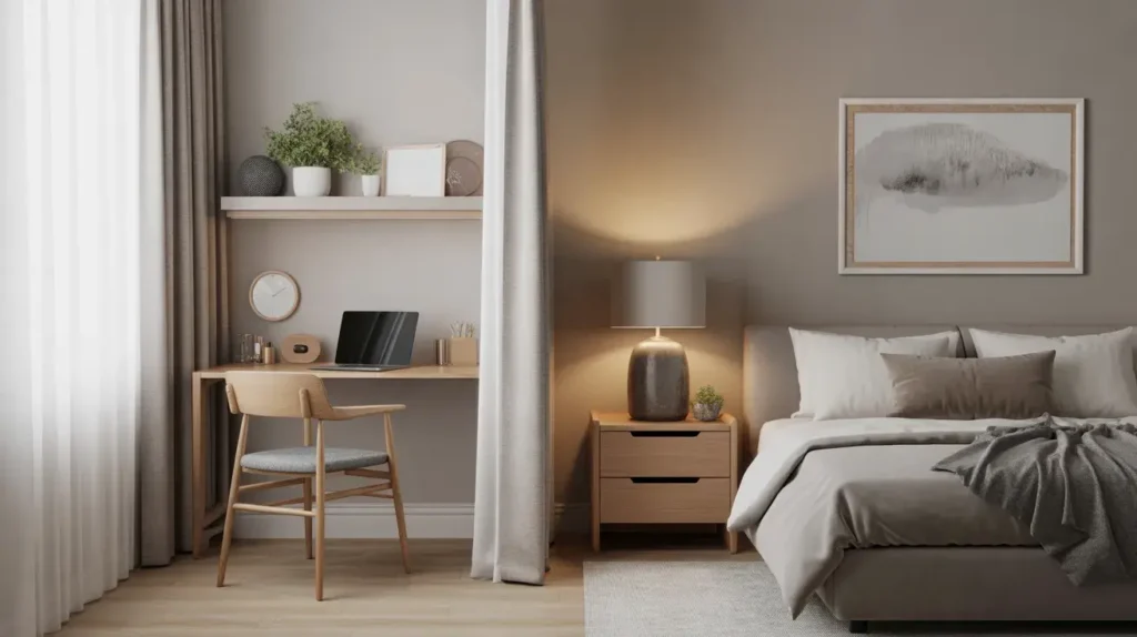 Área de trabalho no quarto separada por cortina segundo o Feng Shui para evitar conflito energético entre descanso e produção
