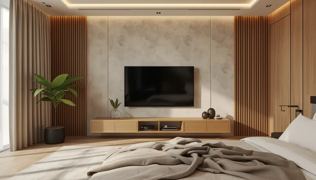 Televisão coberta com tecido no quarto segundo o Feng Shui para proteger a energia de descanso
