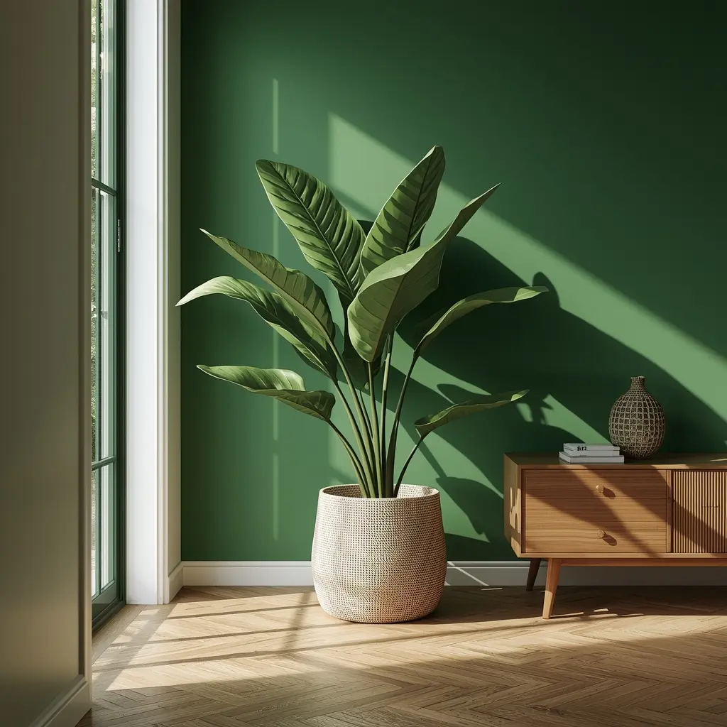 Planta de folhas largas em ambiente com parede verde esmeralda representando crescimento e prosperidade no Feng Shui