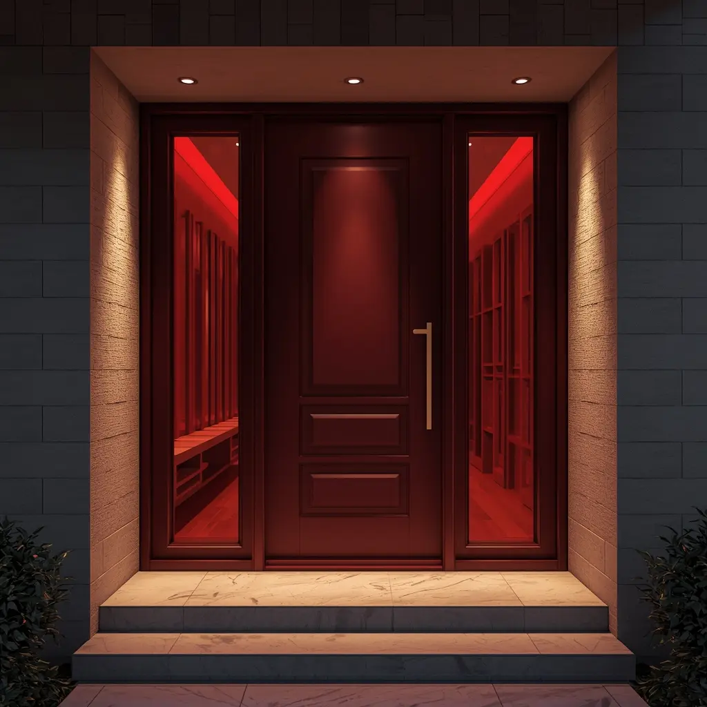 Entrada de casa com detalhes em vermelho ameixa simbolizando reconhecimento e sucesso profissional no Feng Shui