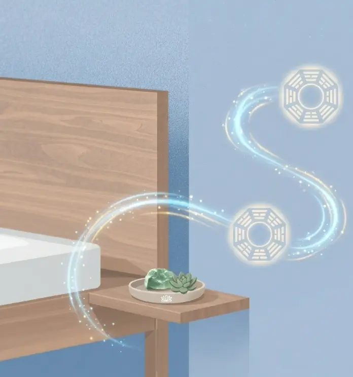 Ilustração artística mostrando ondas de energia branca e suave saindo de uma cama de madeira, representando o movimento do Chi no quarto.