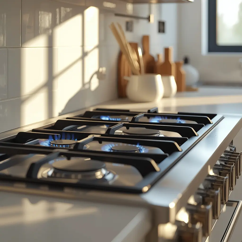 Organização do fogão feng shui: Fogão de inox impecável e brilhante com chamas azuis acesas, representando a eficiência e o equilíbrio na cozinha moderna.