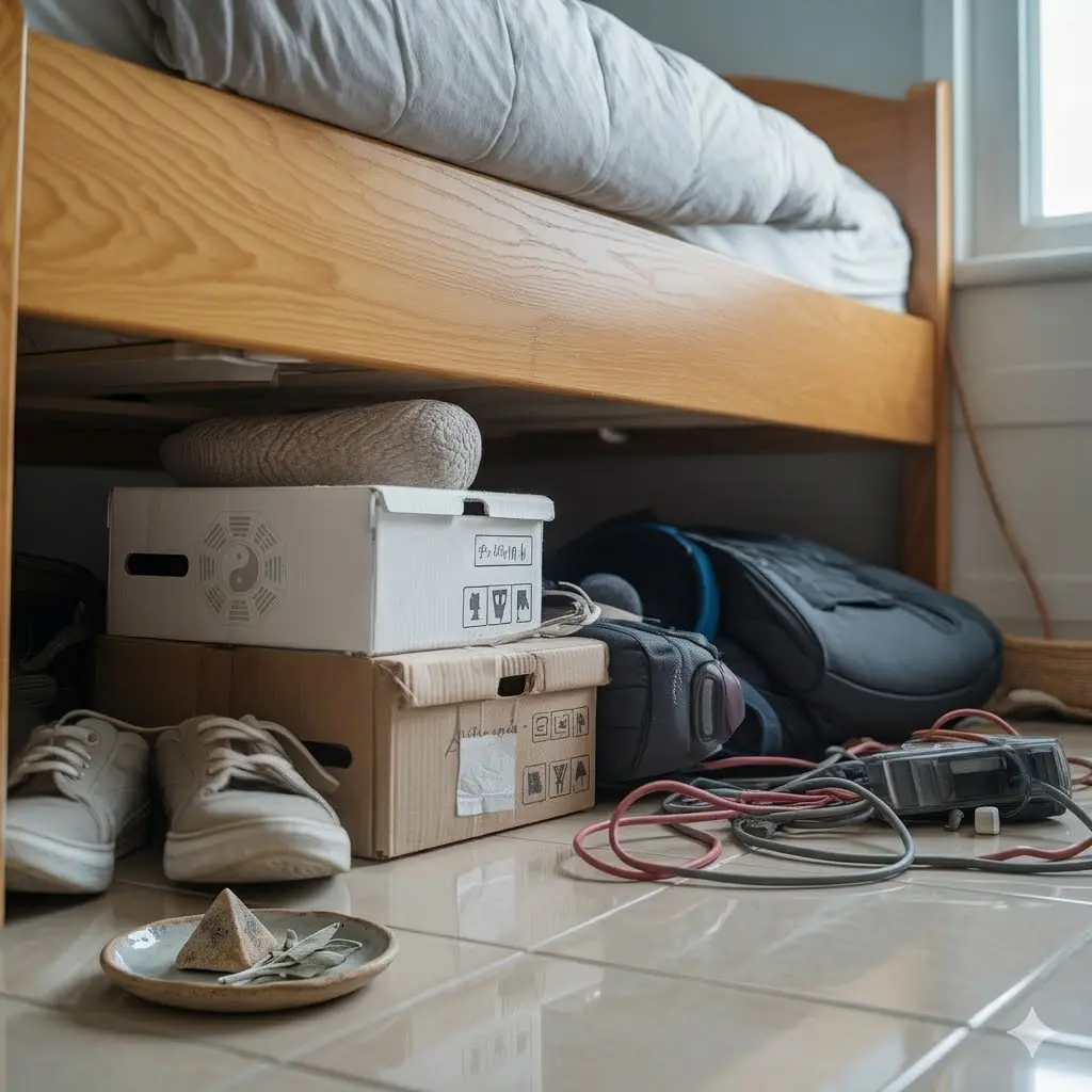 Quarto com sapatos, caixas e fios acumulados embaixo da cama, bloqueando a circulação de energia e ar.